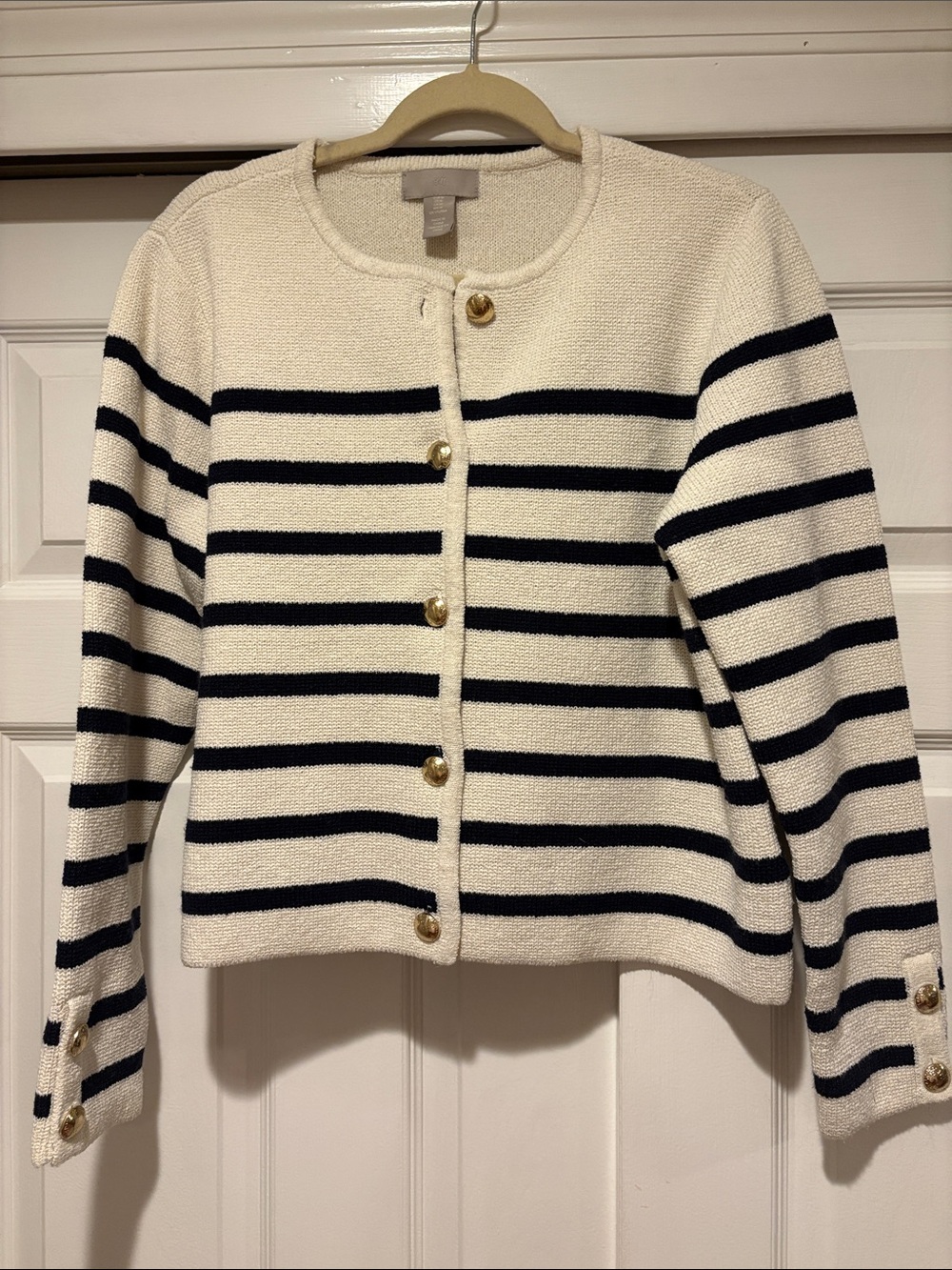 H&M Ivory and Navy Striped Button front lady jacket